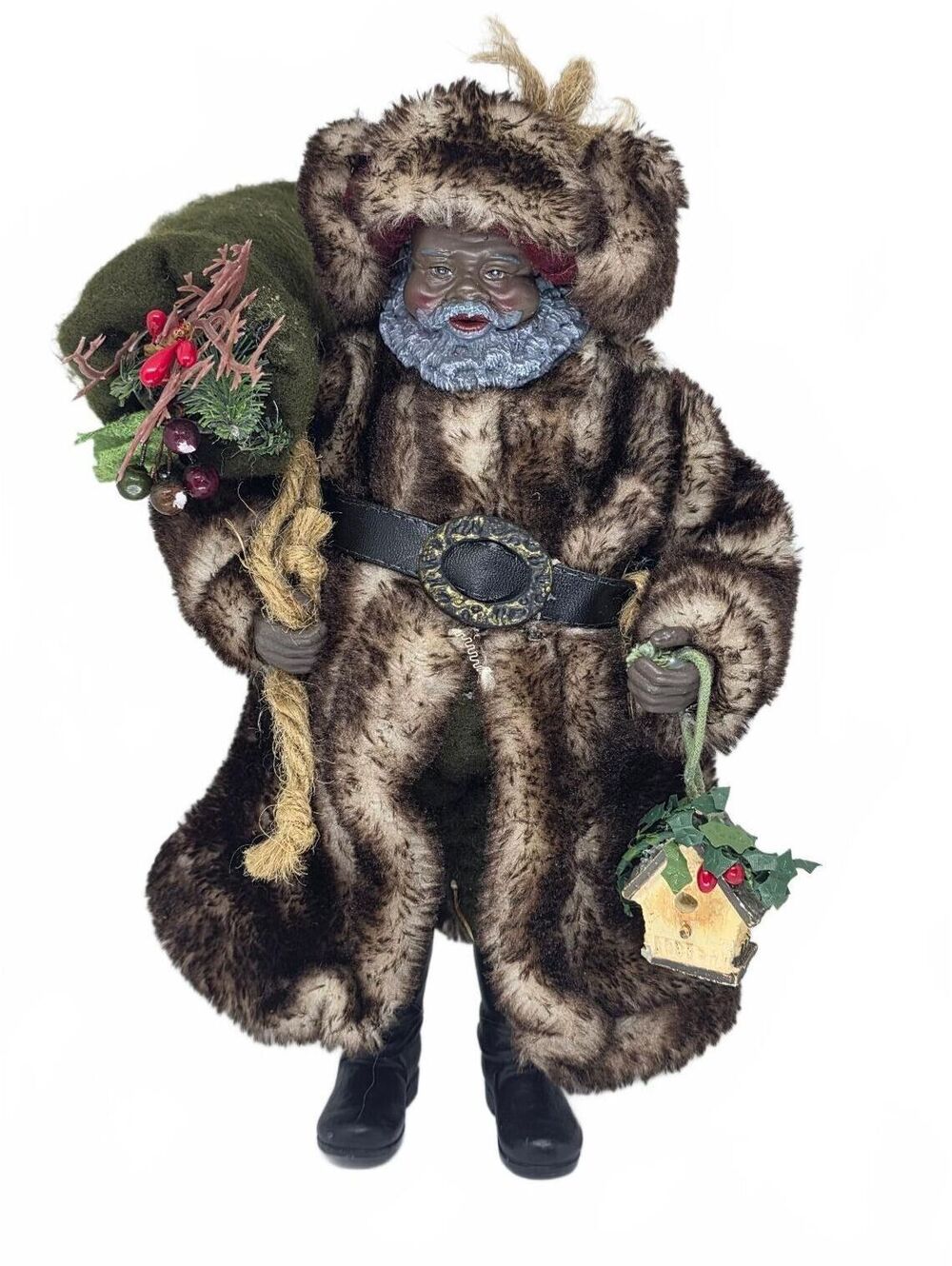 10.5" Black African American Christmas Santa in Fur Coat Carrying Green Sack Toy